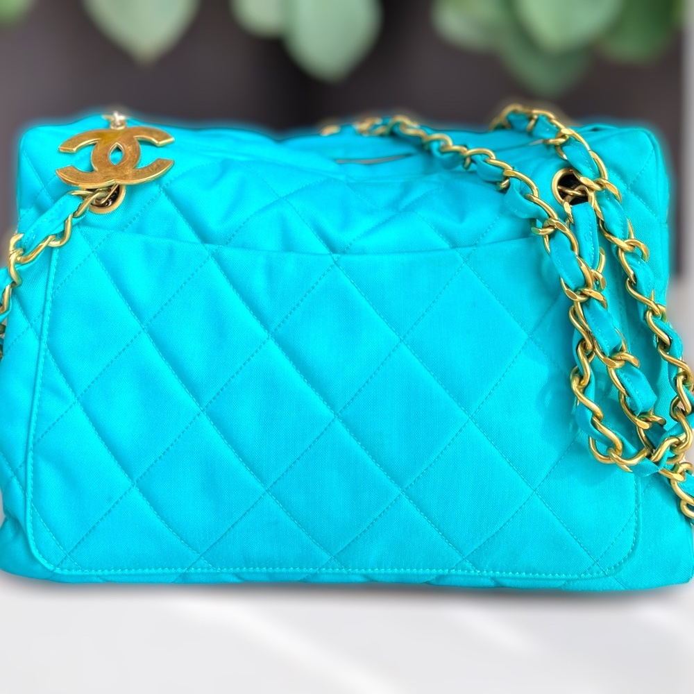 Chanel Canvas Quilted Shoulder Bag with Metalasse Double Chain Strap